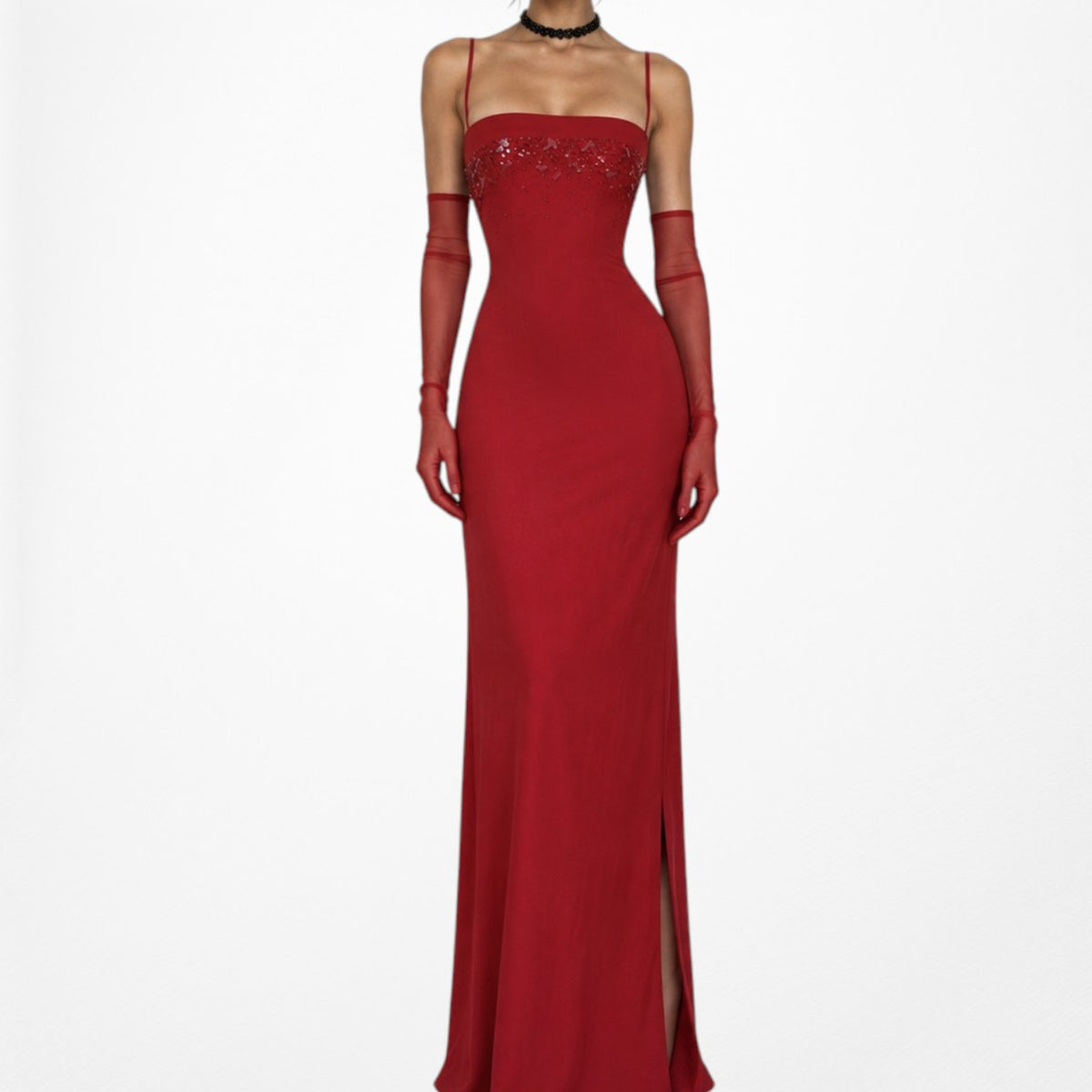 Vintage Y2K 90s Red Knit Bodycon Sequin Formal Prom Side Slit Maxi Dress M