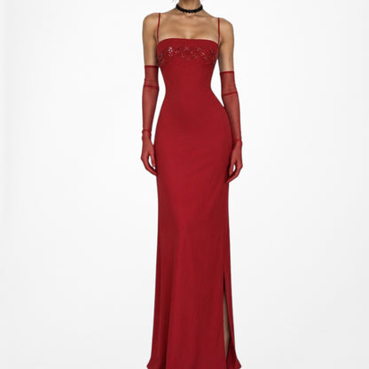 Vintage Y2K 90s Red Knit Bodycon Sequin Formal Prom Side Slit Maxi Dress M