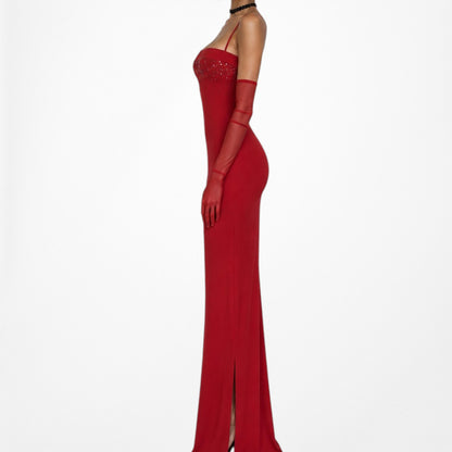 Vintage Y2K 90s Red Knit Bodycon Sequin Formal Prom Side Slit Maxi Dress M