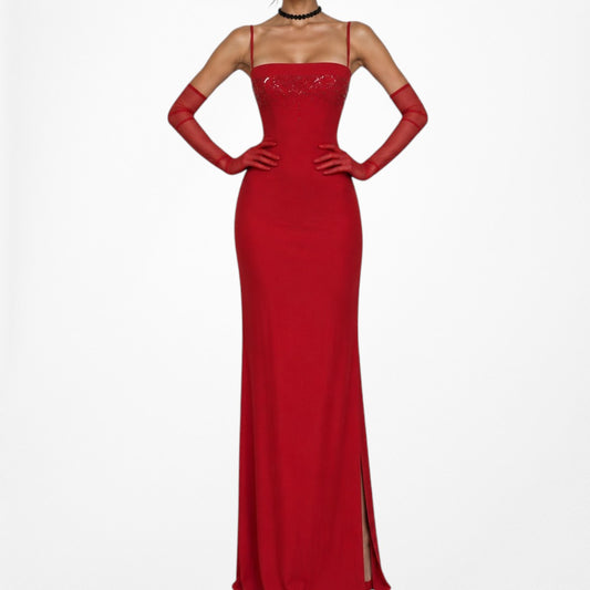 Vintage Y2K 90s Red Knit Bodycon Sequin Formal Prom Side Slit Maxi Dress M
