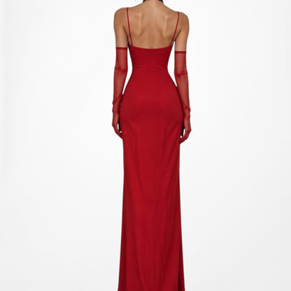 Vintage Y2K 90s Red Knit Bodycon Sequin Formal Prom Side Slit Maxi Dress M