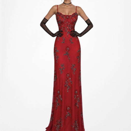 Vintage Y2K Red Floral Beaded Mesh Maxi Formal Bodycon Prom Dress Gown Size S