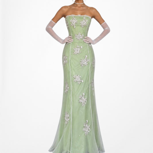 Vintage Green White Floral Beaded Embroidered Mesh Strapless Cocktail Formal Prom Dress Size S