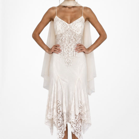 Vintage Off White Floral Lace Asymmetric Hem Midi Flared Cocktail Dress Size M/L