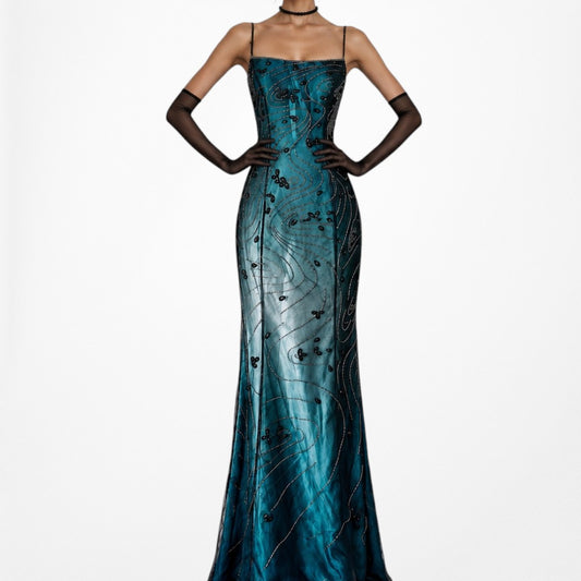 Vintage Blue Floral Beaded Mesh Ombre Satin Maxi Bodycon Formal Prom Dress Size M