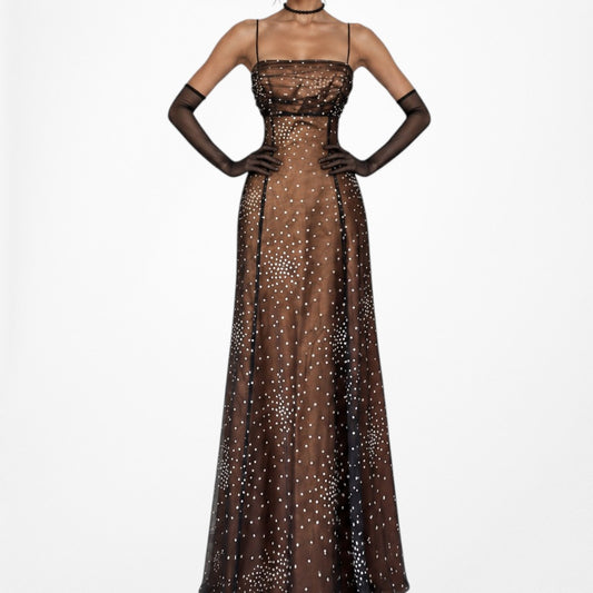 Vintage Brown Mesh Polka Dot Satin Fit Flared Babydoll Maxi Prom Dress Size XS/S