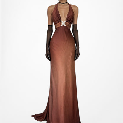 Vintage Brown Halter Plunging V-Neck Bodycon Maxi Prom Dress Size S