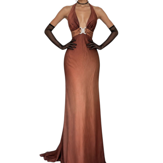 Vintage Brown Halter Plunging V-Neck Bodycon Maxi Prom Dress Size S