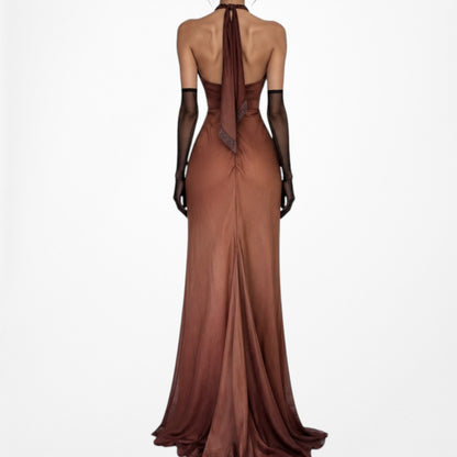 Vintage Brown Halter Plunging V-Neck Bodycon Maxi Prom Dress Size S
