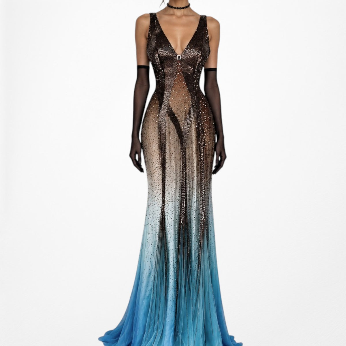 Vintage Blue Brown Silk Beaded Maxi Bodycon Formal Cocktail Prom Dress Size S