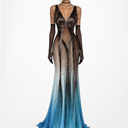 Vintage Blue Brown Silk Beaded Maxi Bodycon Formal Cocktail Prom Dress Size S