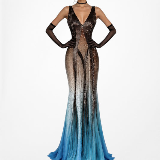 Vintage Blue Brown Silk Beaded Maxi Bodycon Formal Cocktail Prom Dress Size S
