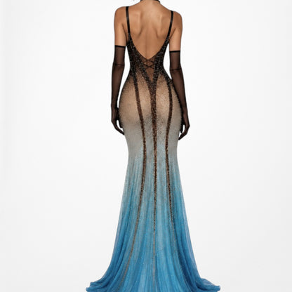 Vintage Blue Brown Silk Beaded Maxi Bodycon Formal Cocktail Prom Dress Size S