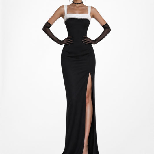 Vintage Black White Maxi Bodycon Slit Formal Cocktail Prom Dress Size S/M
