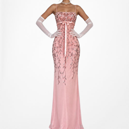 Vintage Pastel Pink Floral Beaded Knit Maxi Bodycon Formal Prom Dress Size S/M
