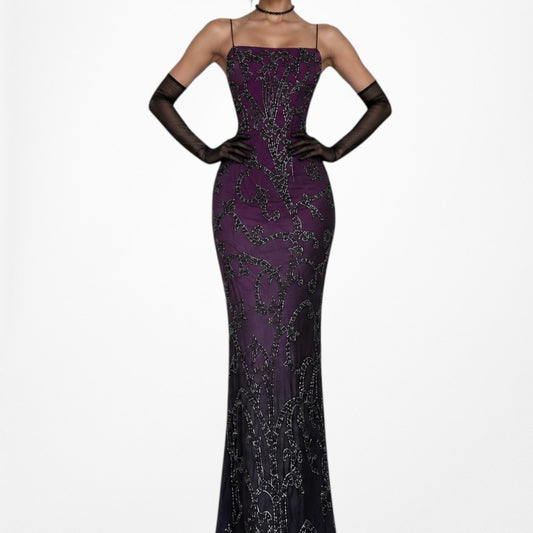 Vintage Purple Black Beaded Ombre Silk Maxi Midi Bodycon Prom Dress Size XS
