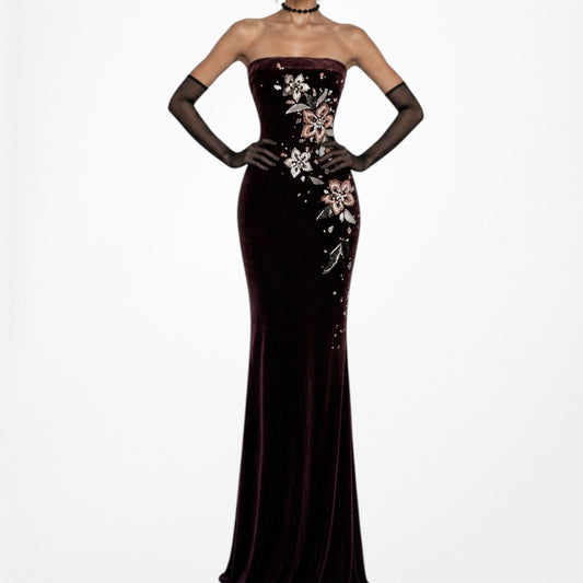 Vintage Brown Velvet Strapless Floral Beaded Sequin Maxi Bodycon Formal Dress Size M/L