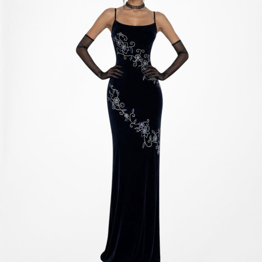 Vintage Navy Blue Knit Velvet Floral Beaded Maxi Bodycon Formal Cocktail Dress Size M/L