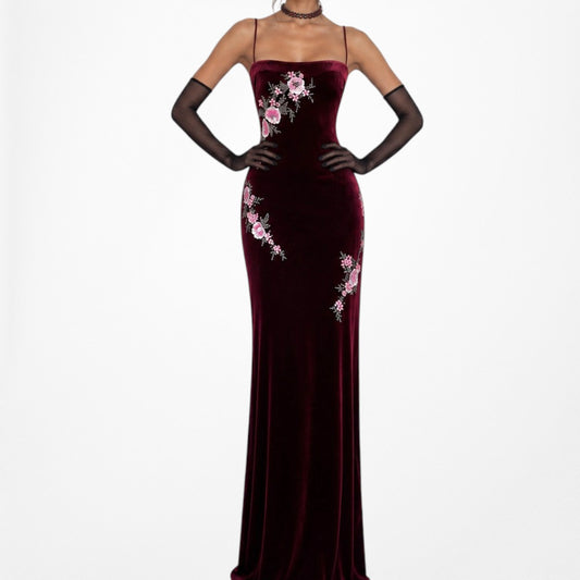 Vintage Pink Purple Floral Beaded Knit Velvet Bodycon Maxi Formal Prom Dress Size L/XL
