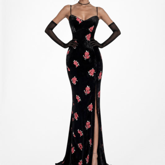 Vintage Black Floral Embroidered Velvet Side Slit Bodycon Maxi Prom Dress Size S/M