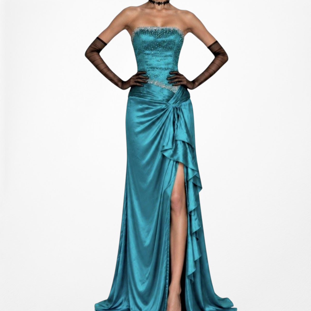 Vintage Y2K Blue Silk Beaded Strapless Ruffle Side Slit Maxi Prom Dress Size S