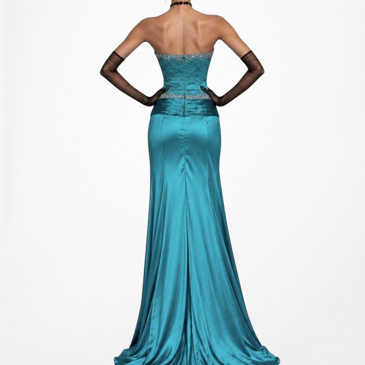 Vintage Y2K Blue Silk Beaded Strapless Ruffle Side Slit Maxi Prom Dress Size S