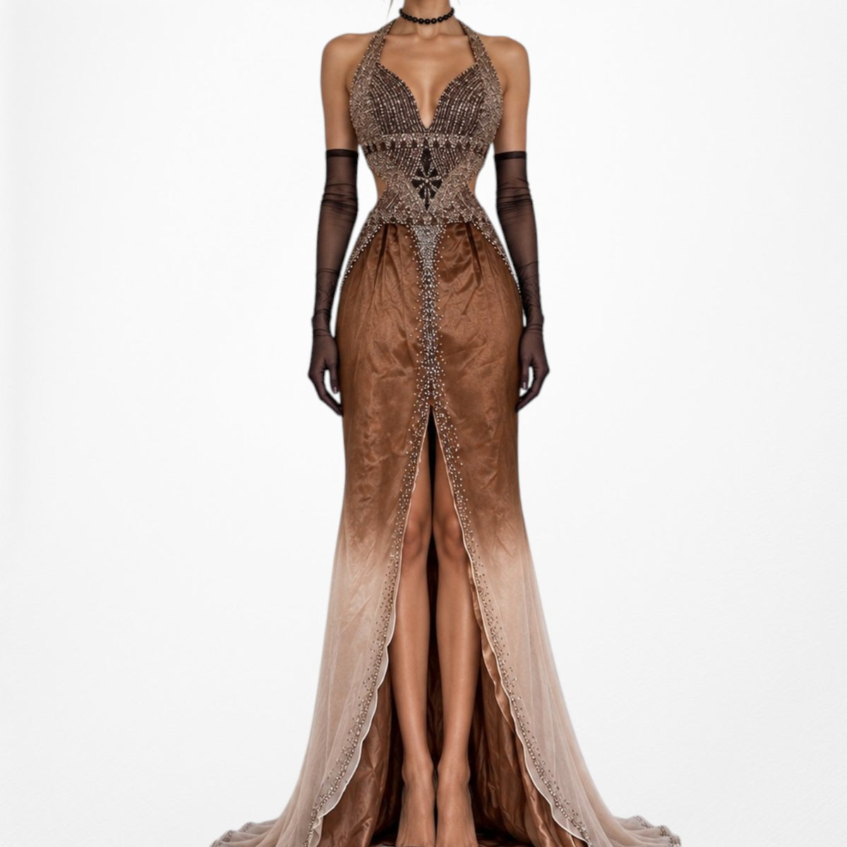 Vintage Y2K Brown Silk Ombre Beaded Halter Front Slit Maxi Prom Dress Size XS/S