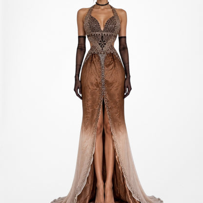 Vintage Y2K Brown Silk Ombre Beaded Halter Front Slit Maxi Prom Dress Size XS/S