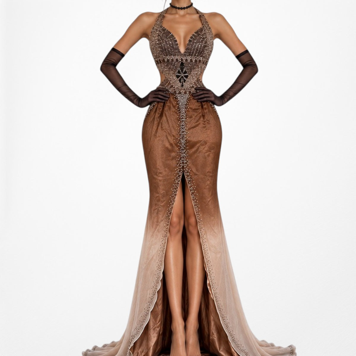 Vintage Y2K Brown Silk Ombre Beaded Halter Front Slit Maxi Prom Dress Size XS/S