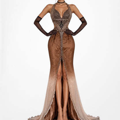 Vintage Y2K Brown Silk Ombre Beaded Halter Front Slit Maxi Prom Dress Size XS/S