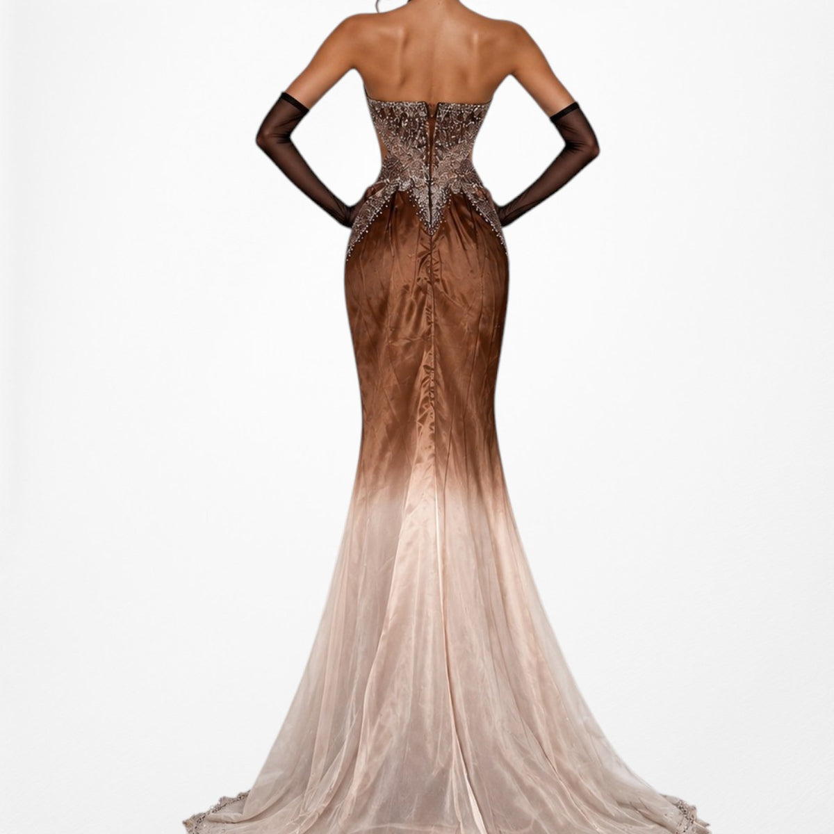 Vintage Y2K Brown Silk Ombre Beaded Halter Front Slit Maxi Prom Dress Size XS/S