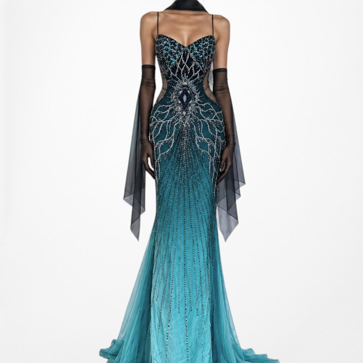 Vintage Y2K Blue Beaded Fit Flared Ombre Maxi Prom Dress W/ Shawl Size M/L