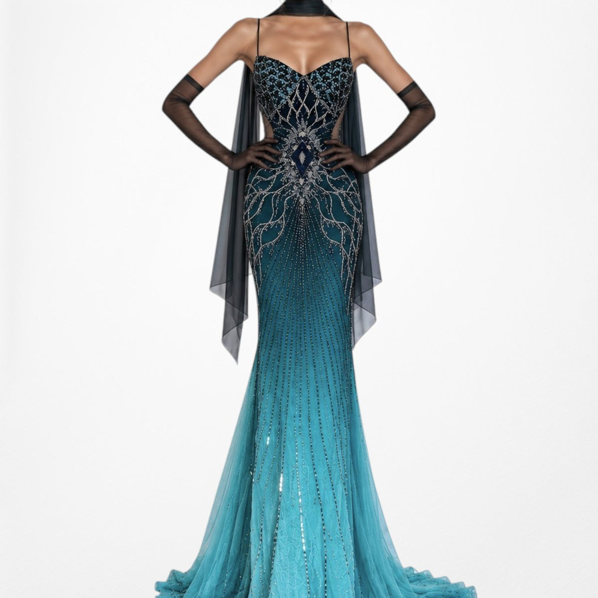 Vintage Y2K Blue Beaded Fit Flared Ombre Maxi Prom Dress W/ Shawl Size M/L