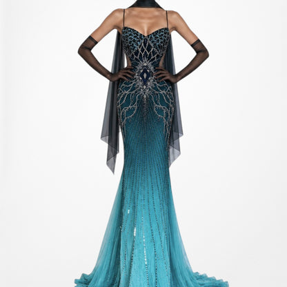 Vintage Y2K Blue Beaded Fit Flared Ombre Maxi Prom Dress W/ Shawl Size M/L
