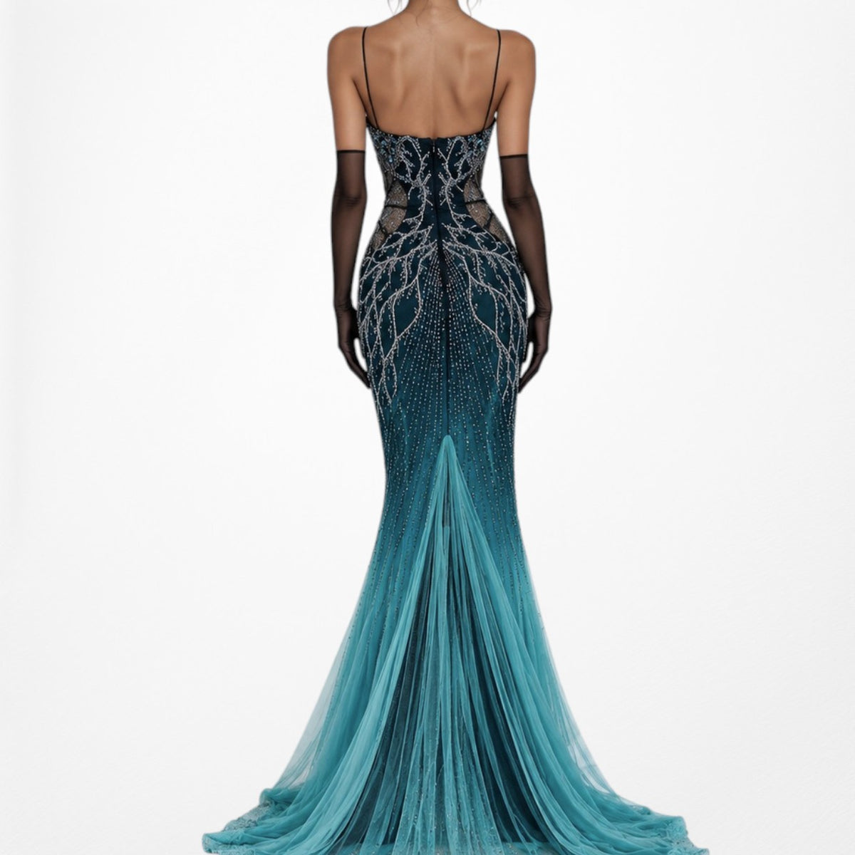 Vintage Y2K Blue Beaded Fit Flared Ombre Maxi Prom Dress W/ Shawl Size M/L