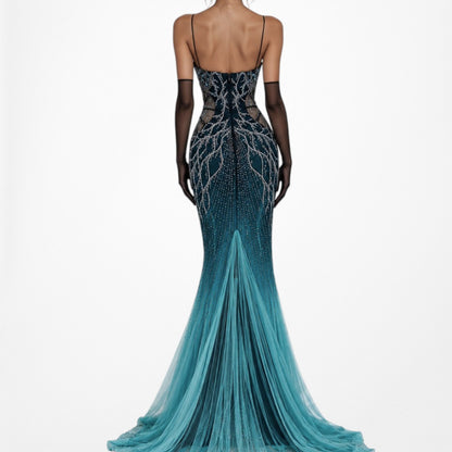 Vintage Y2K Blue Beaded Fit Flared Ombre Maxi Prom Dress W/ Shawl Size M/L