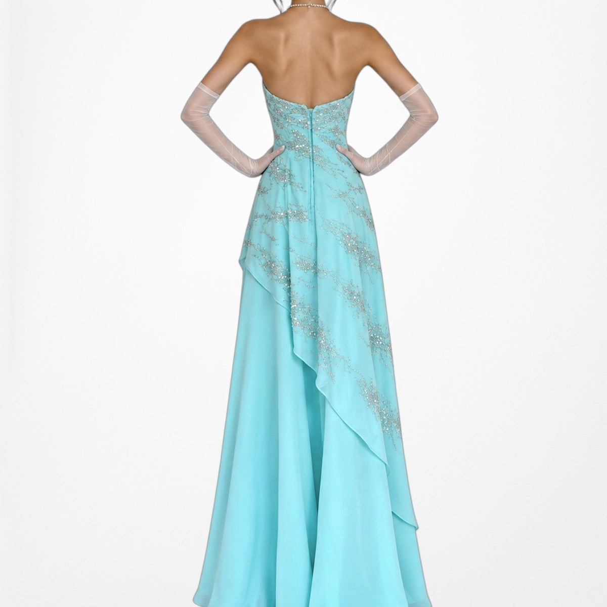 Vintage Y2K 90s Aqua Blue Strapless Beaded Tulle A-Line Maxi Prom Dress Size S