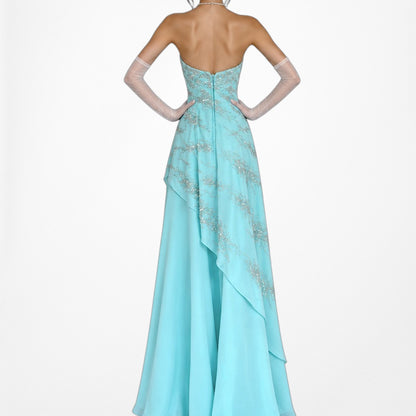 Vintage Y2K 90s Aqua Blue Strapless Beaded Tulle A-Line Maxi Prom Dress Size S