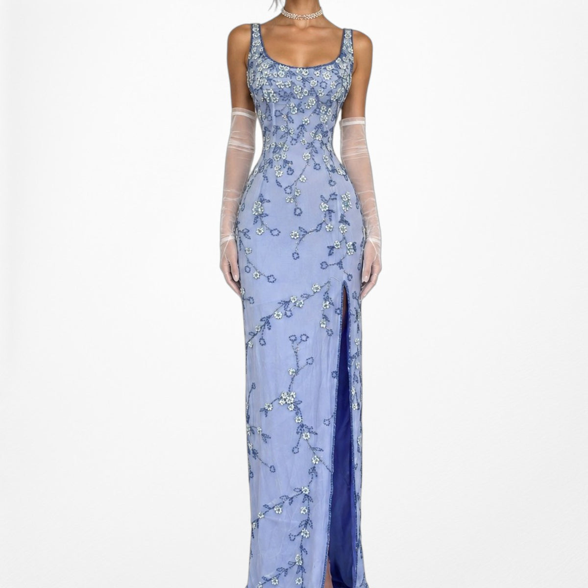 Vintage Y2K Blue Floral Applique Beaded Side Slit Bodycon Maxi Prom Dress XS/S