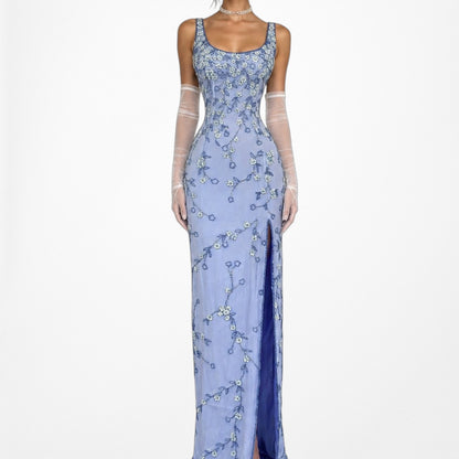 Vintage Y2K Blue Floral Applique Beaded Side Slit Bodycon Maxi Prom Dress XS/S