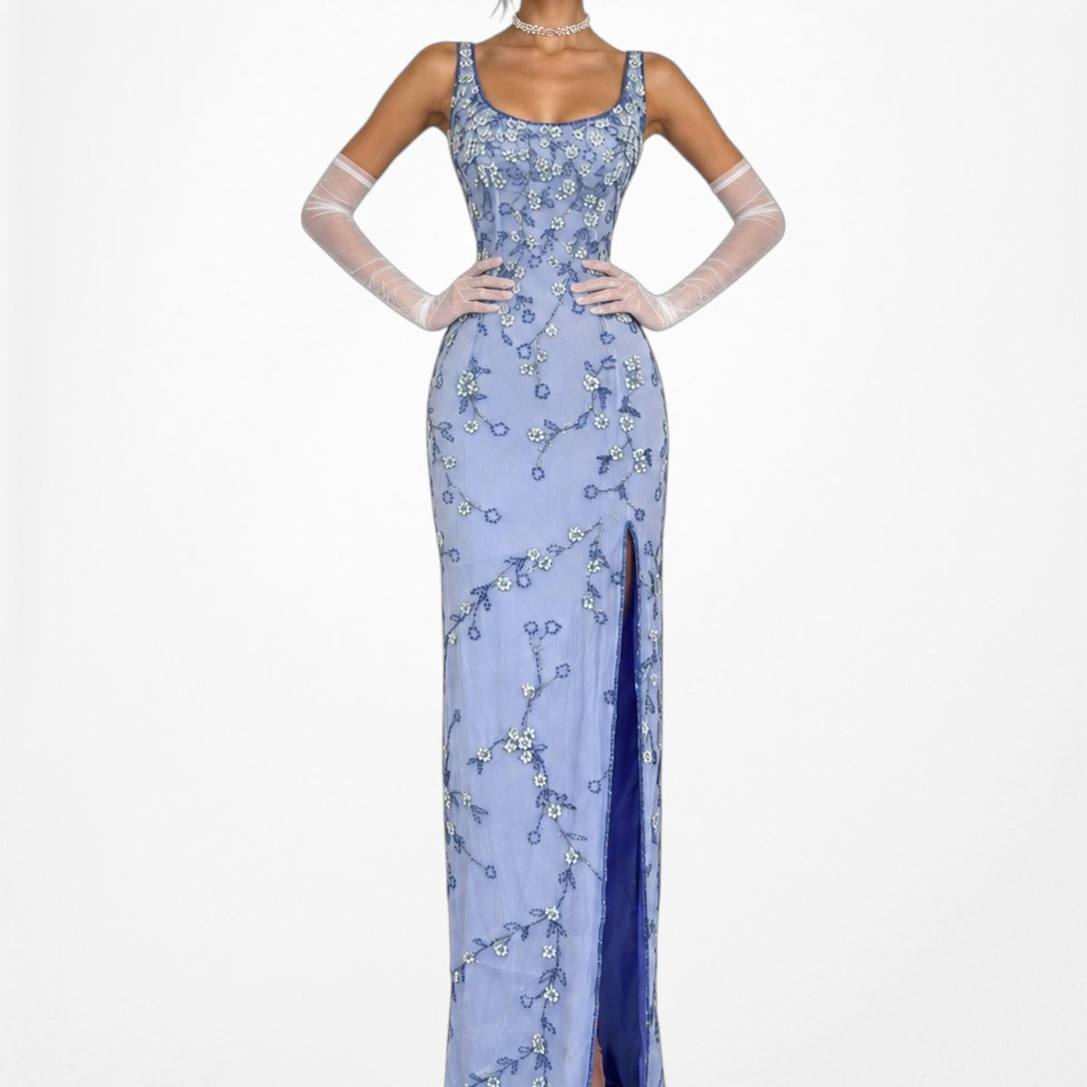 Vintage Y2K Blue Floral Applique Beaded Side Slit Bodycon Maxi Prom Dress XS/S