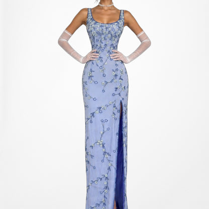 Vintage Y2K Blue Floral Applique Beaded Side Slit Bodycon Maxi Prom Dress XS/S