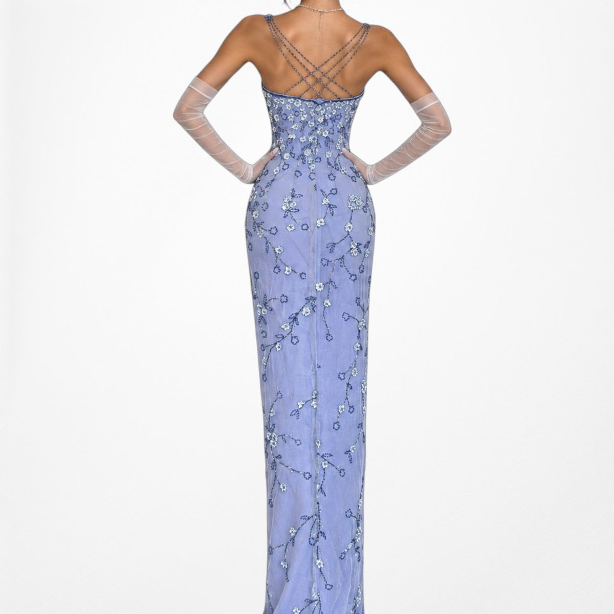 Vintage Y2K Blue Floral Applique Beaded Side Slit Bodycon Maxi Prom Dress XS/S
