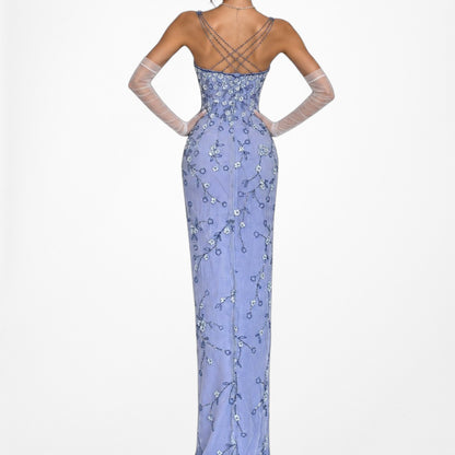 Vintage Y2K Blue Floral Applique Beaded Side Slit Bodycon Maxi Prom Dress XS/S