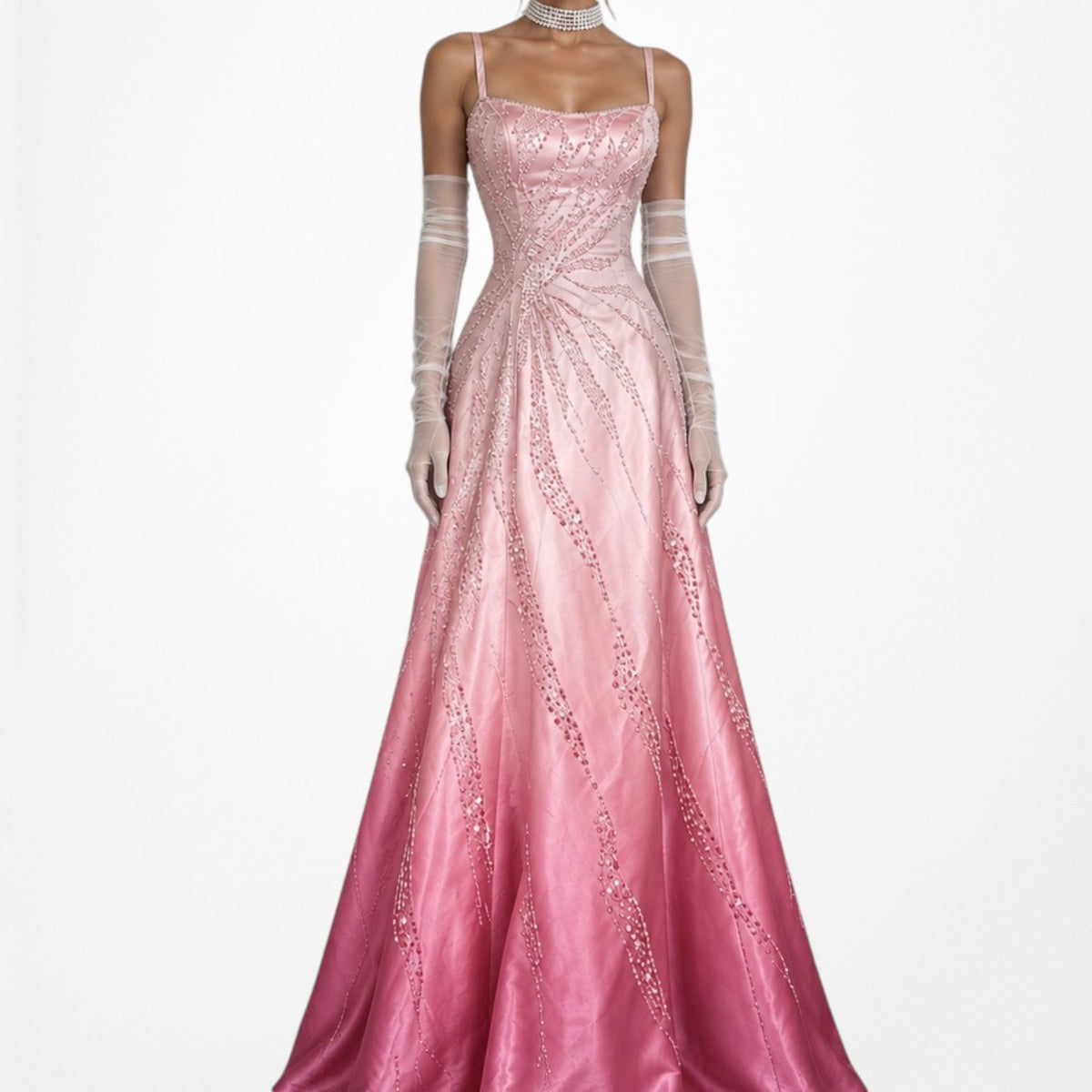 Vintage Y2K 90s Pink Ombre Beaded Lace Up Flared Princess Maxi Prom Dress XS/S