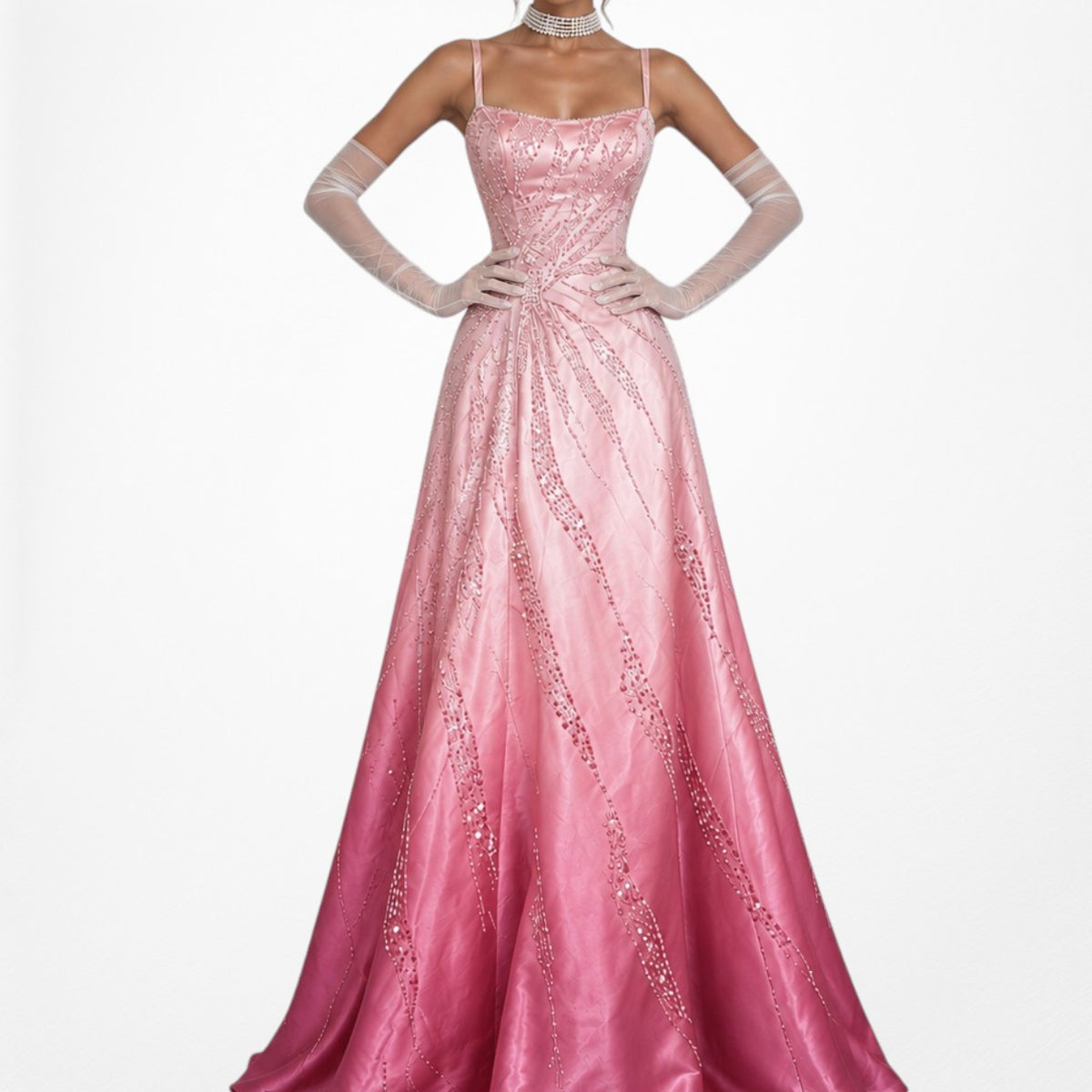 Vintage Y2K 90s Pink Ombre Beaded Lace Up Flared Princess Maxi Prom Dress XS/S