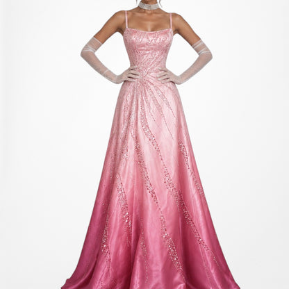 Vintage Y2K 90s Pink Ombre Beaded Lace Up Flared Princess Maxi Prom Dress XS/S