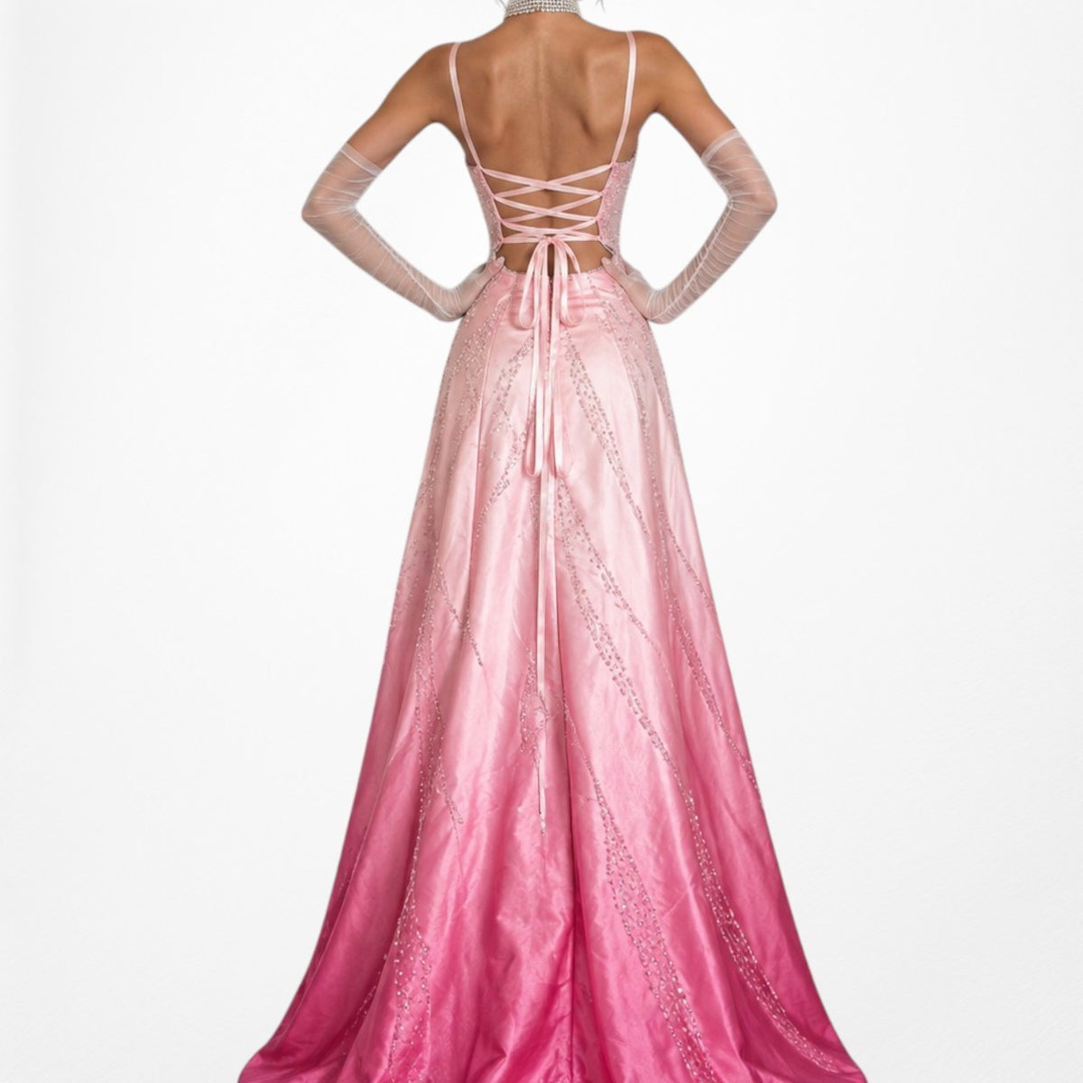 Vintage Y2K 90s Pink Ombre Beaded Lace Up Flared Princess Maxi Prom Dress XS/S