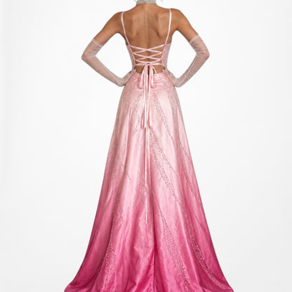 Vintage Y2K 90s Pink Ombre Beaded Lace Up Flared Princess Maxi Prom Dress XS/S