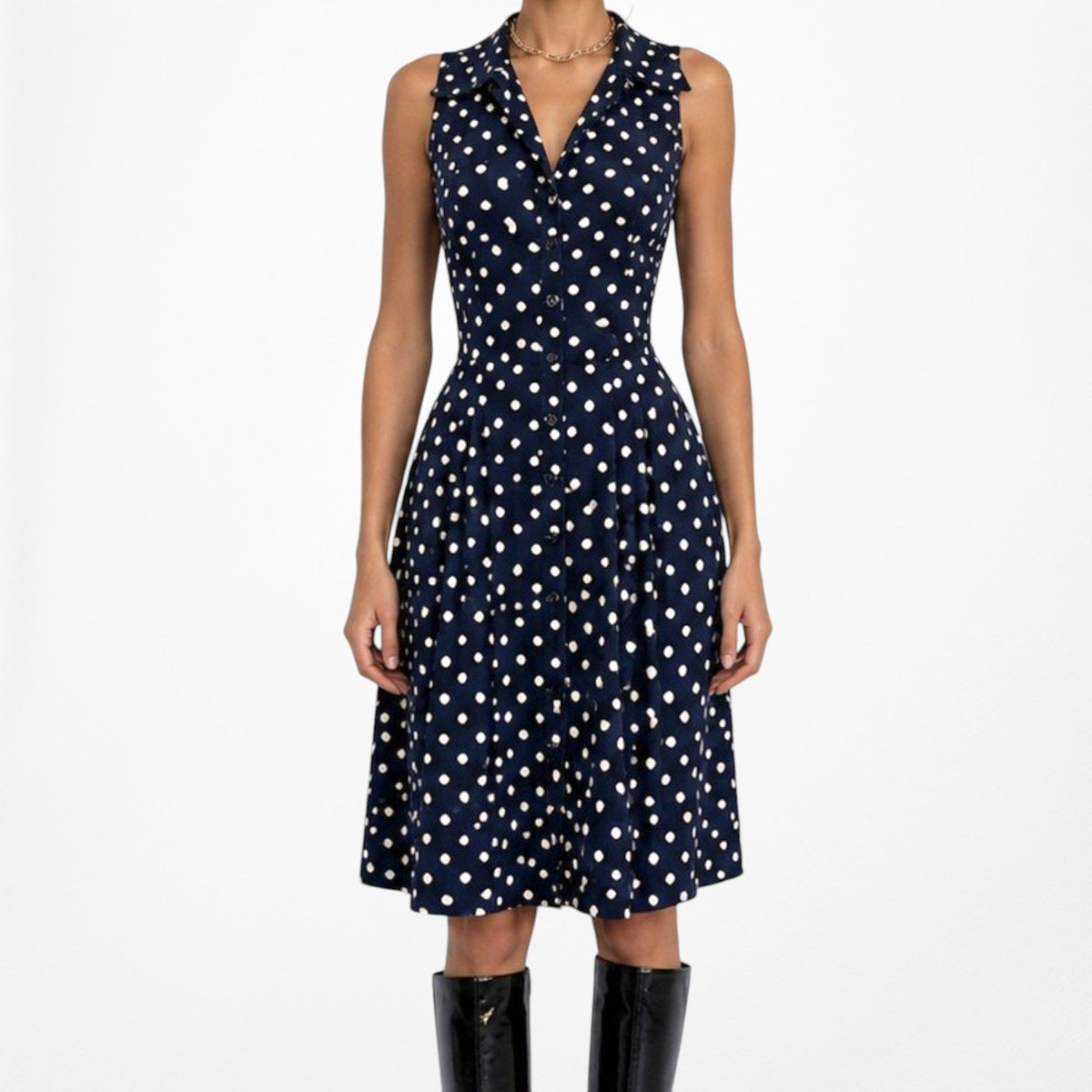 Vintage Y2K Blue Black Polka Dot Button Front Flared Pleated Dress Size M